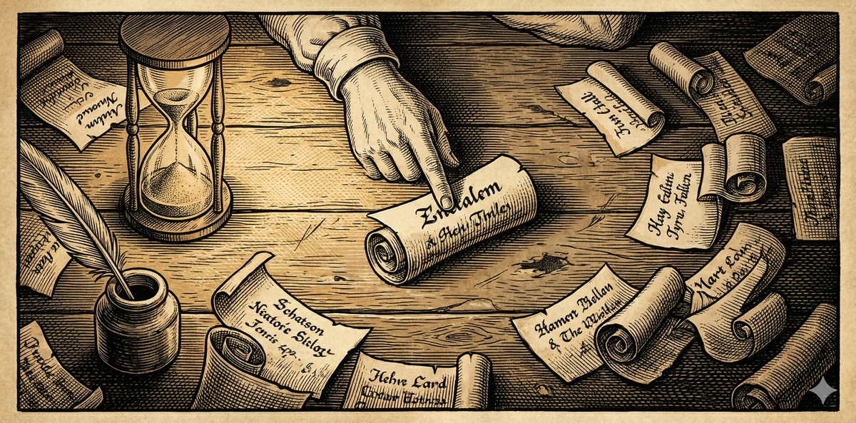 Woodcut-style engraving of a hand selecting from scattered scroll fragments on a desk, with hourglass, quill, and inkwell nearby.