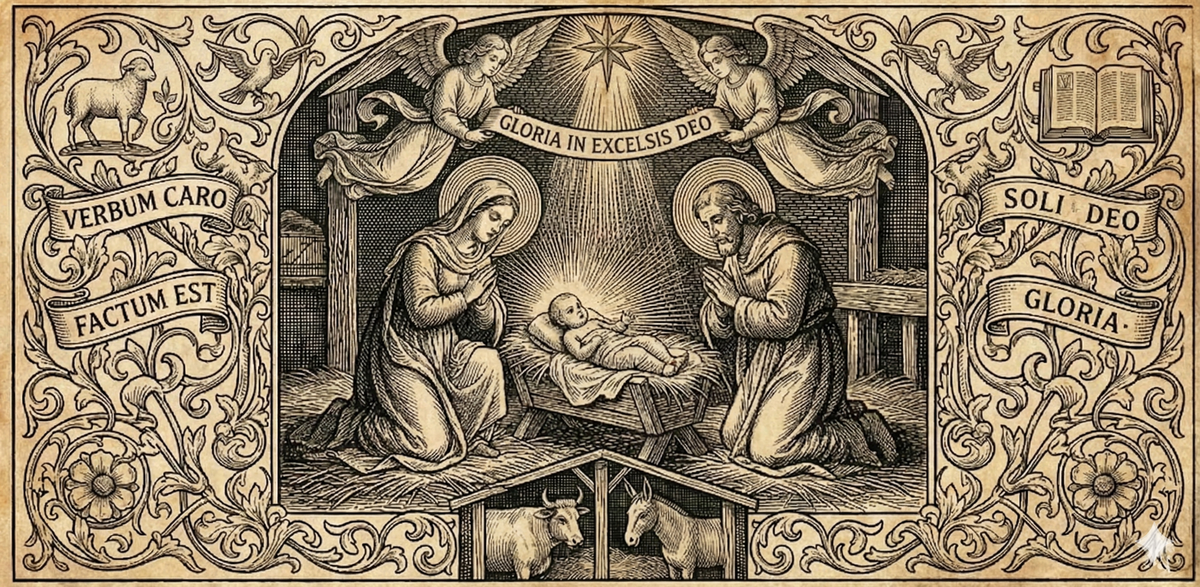 16th-century style woodcut of the Nativity depicting the Incarnation with Latin inscription "Verbum Caro Factum Est" (John 1:14)
