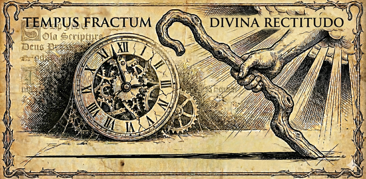 Woodcut engraving: broken clock at 3:15 and divine hand using crooked stick to draw straight line on aged parchment background.