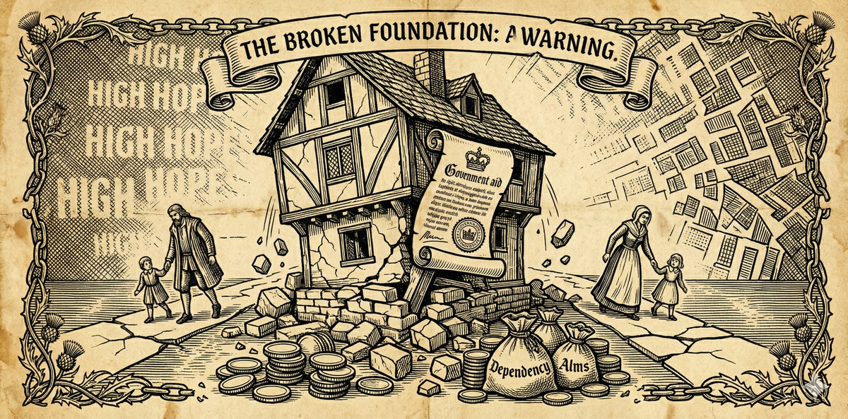 Woodcut showing broken family structure with government beam replacing foundation, coins scattered. Aged parchment aesthetic.