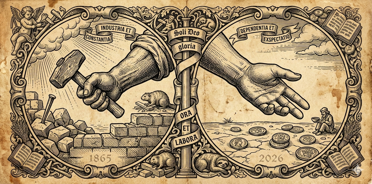 Woodcut: working hand with tools building (1865) contrasted with empty hand extended over coins (2026). Aged parchment, sepia.