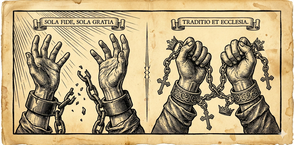 Woodcut: hands breaking chains (Sola Fide/Gratia) versus hands clutching ornate chains (Traditio/Ecclesia). Freedom vs bondage.