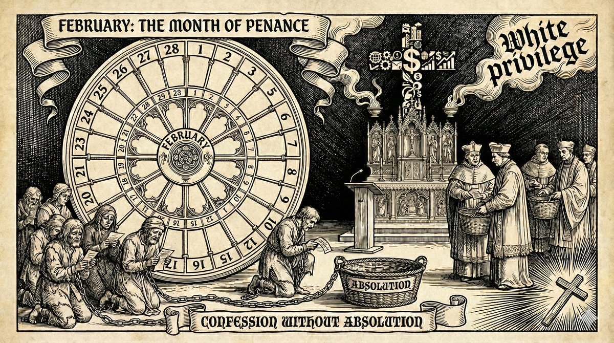 Reformation woodcut: liturgical calendar February. Penitents kneel left, clergy collect offerings right. Incense smoke forms "white privilege." Empty basket labeled absolution.