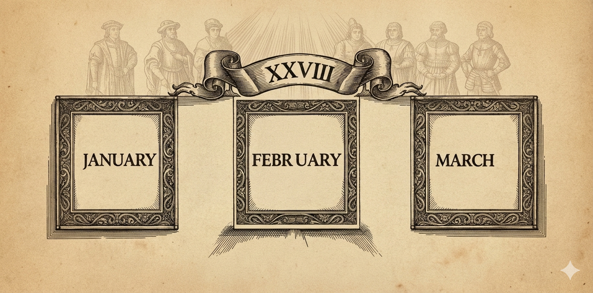 Woodcut: February calendar panel elevated above January and March, "XXVIII" banner, divine light. Reformation figures flanking. Sepia parchment.