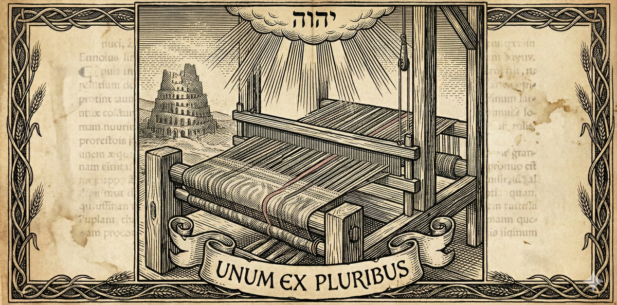 Woodcut engraving: many threads woven into one tapestry on a loom under divine light. Latin "UNUM EX PLURIBUS" at base. Faint Babel ruins behind. Integration over separation.