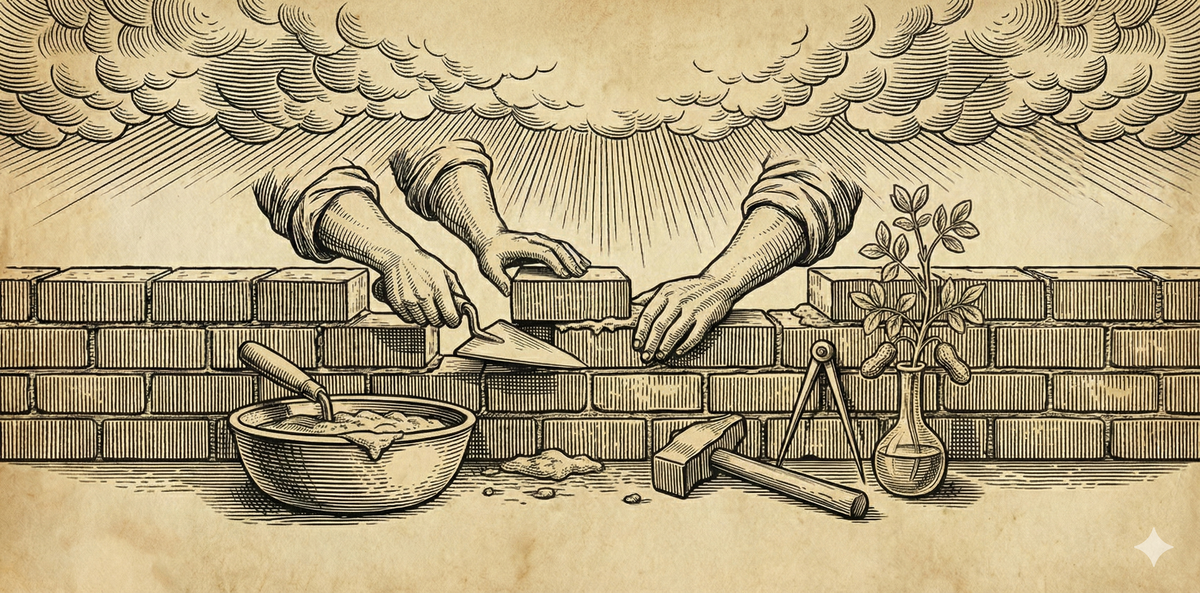 Woodcut: hands building a brick wall, tools scattered below, divine light from above. Black ink on aged parchment. Building over agitating.