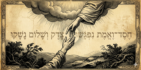 "Mercy and truth are met together; righteousness and peace have kissed each other." (Psalm 85:10, Hebrew shown)