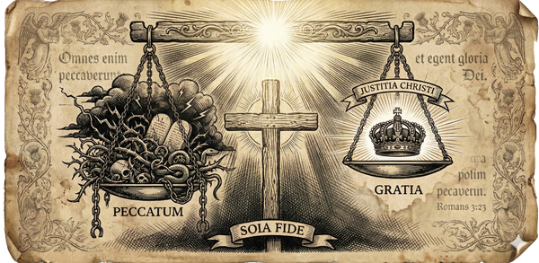 Reformation woodcut showing scales of justice: thorns and chains (sin) outweighed by crown (grace), cross as fulcrum, Latin text.