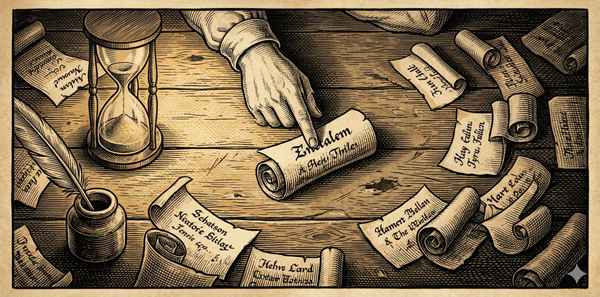 Woodcut-style engraving of a hand selecting from scattered scroll fragments on a desk, with hourglass, quill, and inkwell nearby.
