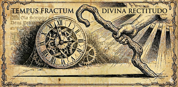 Woodcut engraving: broken clock at 3:15 and divine hand using crooked stick to draw straight line on aged parchment background.