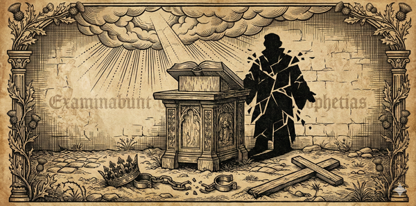 16th-century woodcut of empty pulpit with open Bible and fractured shadow symbolizing theological compromise and abandoned Gospel
