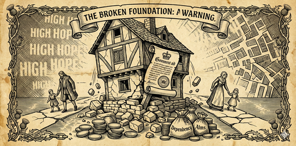 Woodcut showing broken family structure with government beam replacing foundation, coins scattered. Aged parchment aesthetic.