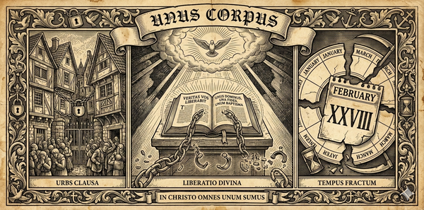 Woodcut triptych: crowded city (Urbs Clausa), Bible with broken chains under dove (Liberatio Divina), torn February calendar (Tempus Fractum). Banner: Unus Corpus.