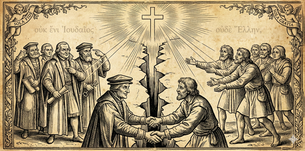 Reformation woodcut: wall divides groups. Men clasp hands across barrier. Cross radiates divine light above both sides. Greek text from Galatians 3:28: 'neither Jew nor Greek.