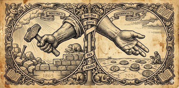 Woodcut: working hand with tools building (1865) contrasted with empty hand extended over coins (2026). Aged parchment, sepia.