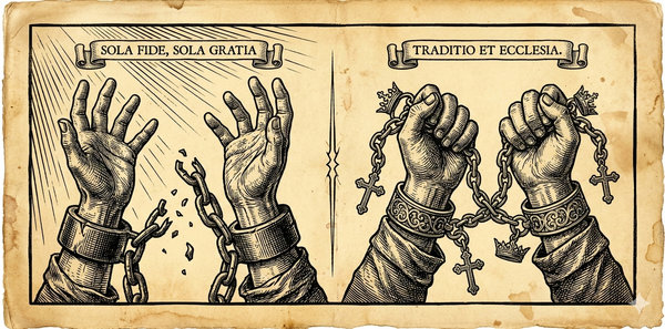 Woodcut: hands breaking chains (Sola Fide/Gratia) versus hands clutching ornate chains (Traditio/Ecclesia). Freedom vs bondage.