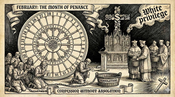 Reformation woodcut: liturgical calendar February. Penitents kneel left, clergy collect offerings right. Incense smoke forms "white privilege." Empty basket labeled absolution.