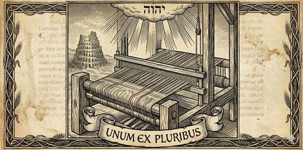 Woodcut engraving: many threads woven into one tapestry on a loom under divine light. Latin "UNUM EX PLURIBUS" at base. Faint Babel ruins behind. Integration over separation.