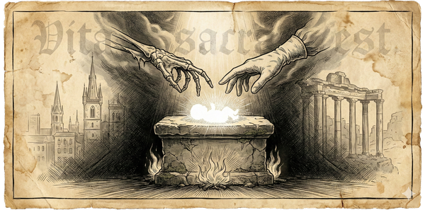 Woodcut engraving: stone altar with skeletal and surgical hands reaching toward luminous infant. Ancient columns merge with modern city. Latin: VITA SACRA EST.
