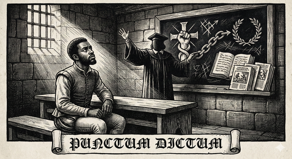 Woodcut illustration: skeptical student in lecture hall, light reaching him but not the lecturer at a chalkboard of contradictory symbols. Punctum Dictum banner.