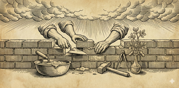 Woodcut: hands building a brick wall, tools scattered below, divine light from above. Black ink on aged parchment. Building over agitating.