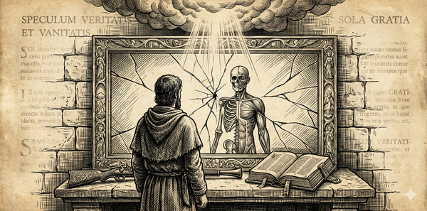 Reformation woodcut of a shattered mirror reflecting a human silhouette fractured into opposing halves, one flesh-toned and one skeletal, surrounded by scattered firearms and broken crosses